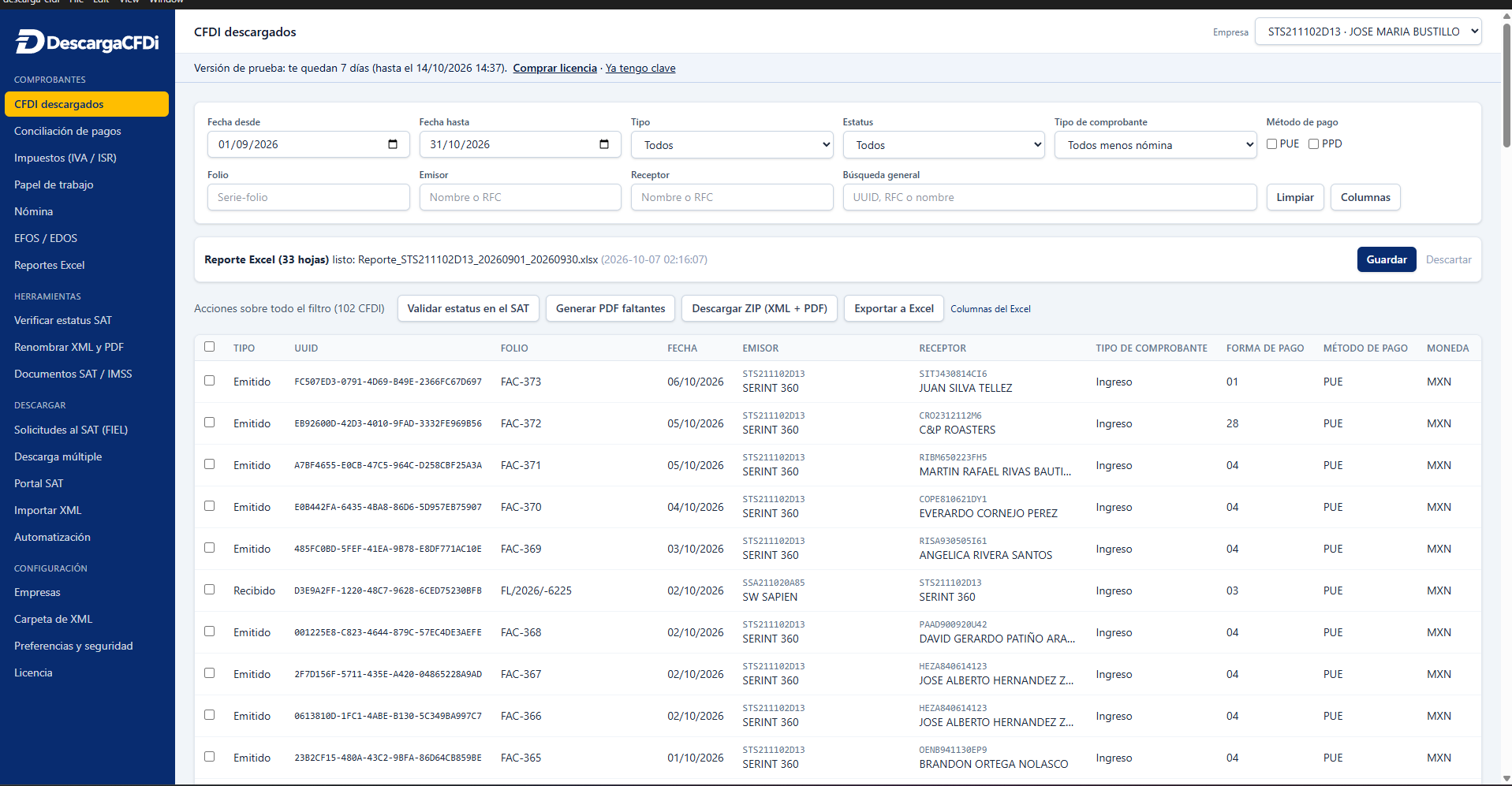 Vista del sistema Descarga CFDI con filtros de comprobantes y opciones para exportar a Excel